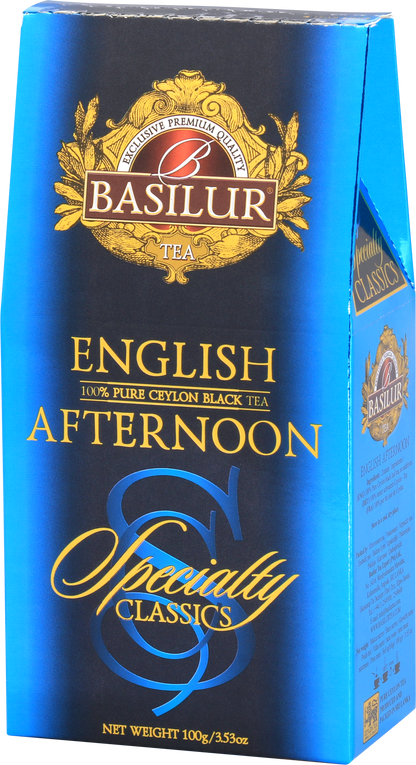 Przód opakowania Basilur English Afternoon w odcieniach błękitu i złota.