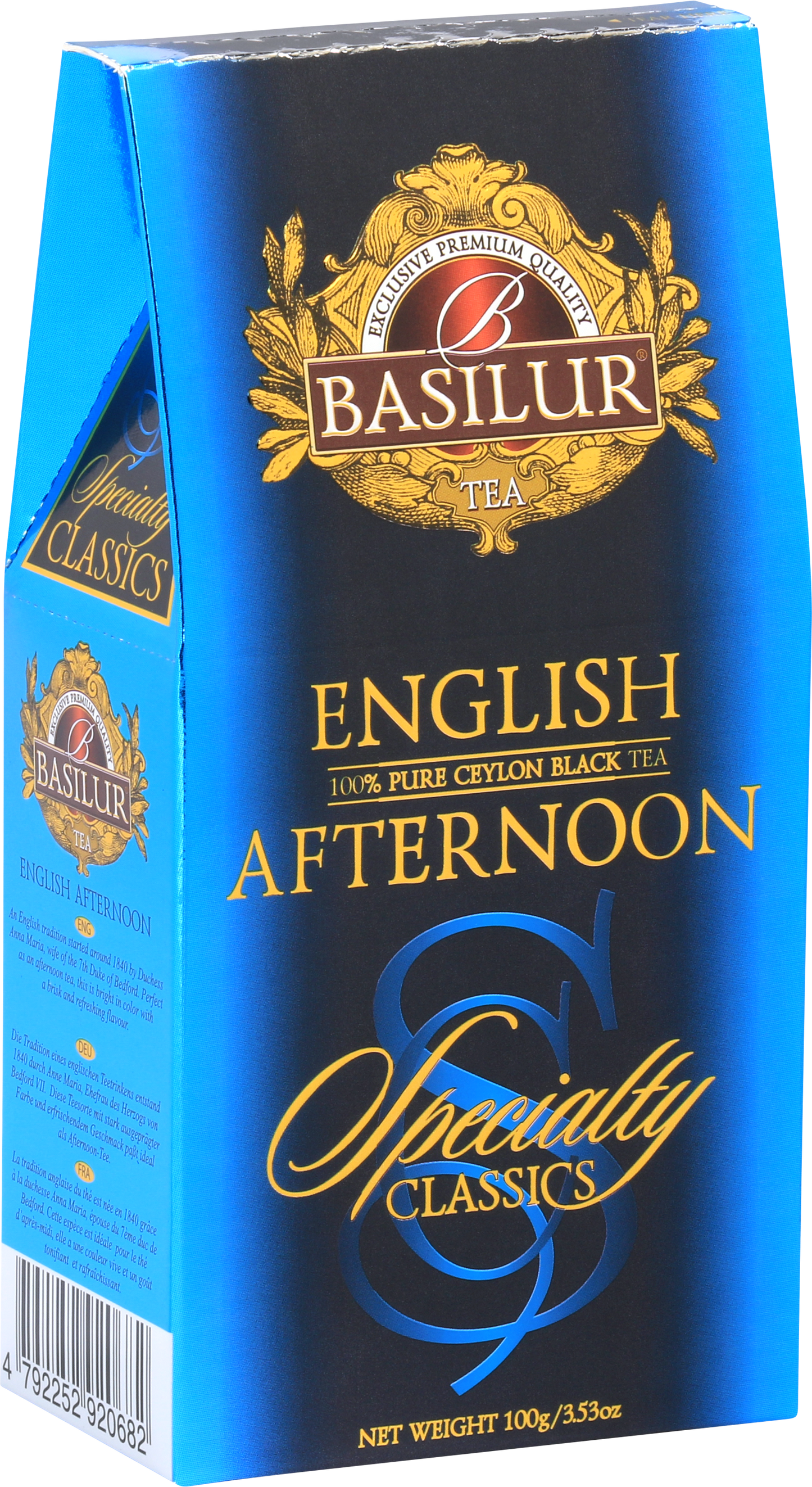 Bok pudełka Basilur English Afternoon z klasycznym wzorem i logo.