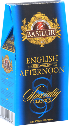 Bok pudełka Basilur English Afternoon z klasycznym wzorem i logo.