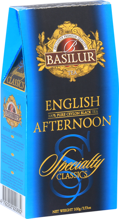 Bok pudełka Basilur English Afternoon z klasycznym wzorem i logo.
