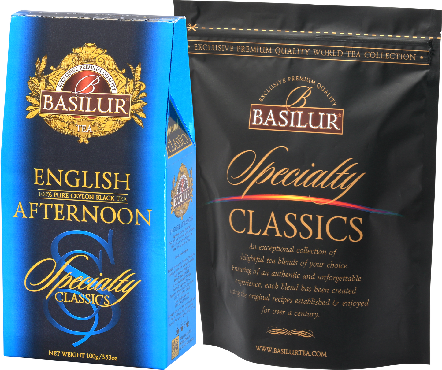 Herbata Basilur English Afternoon – kartonik i torebka foliowa z serii Specialty Classics.