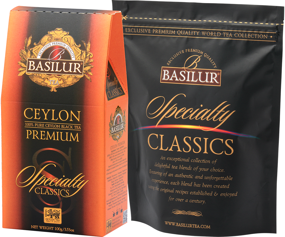 Herbata Basilur Ceylon Premium w eleganckim pomarańczowo-czarnym opakowaniu Specialty Classics.