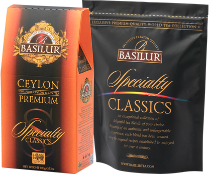 Herbata Basilur Ceylon Premium w eleganckim pomarańczowo-czarnym opakowaniu Specialty Classics.