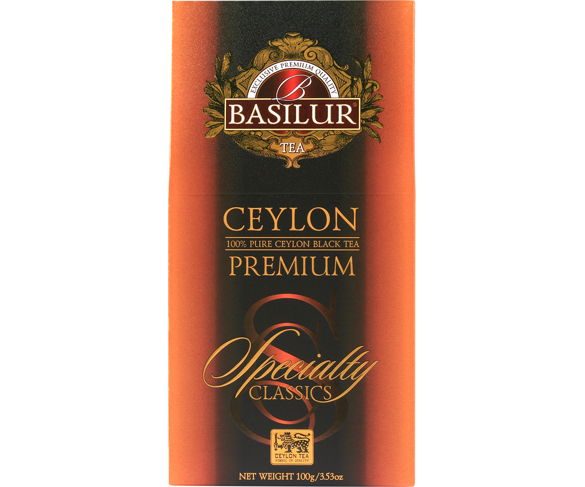 Przednia etykieta Basilur Ceylon Premium prezentująca czarną cejlońską herbatę.