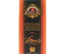 Przednia etykieta Basilur Ceylon Premium prezentująca czarną cejlońską herbatę.