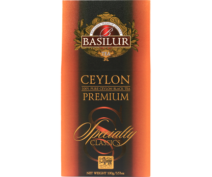 Przednia etykieta Basilur Ceylon Premium prezentująca czarną cejlońską herbatę.