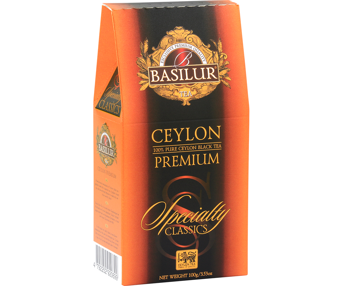 Bok opakowania Basilur Ceylon Premium z detalami i opisem produktu.