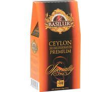 Bok opakowania Basilur Ceylon Premium z detalami i opisem produktu.