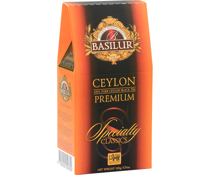 Bok opakowania Basilur Ceylon Premium z detalami i opisem produktu.