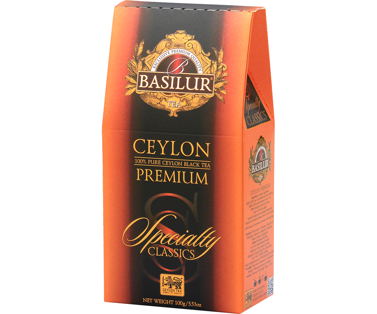 Herbata Basilur Ceylon Premium w kartoniku z serii Specialty Classics przedstawiona pod kątem.