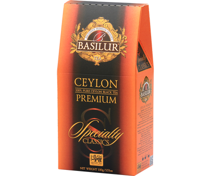 Herbata Basilur Ceylon Premium w kartoniku z serii Specialty Classics przedstawiona pod kątem.