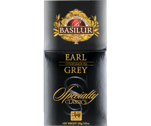 Przód opakowania Basilur Earl Grey z eleganckim złotym logo.
