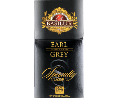 Przód opakowania Basilur Earl Grey z eleganckim złotym logo.