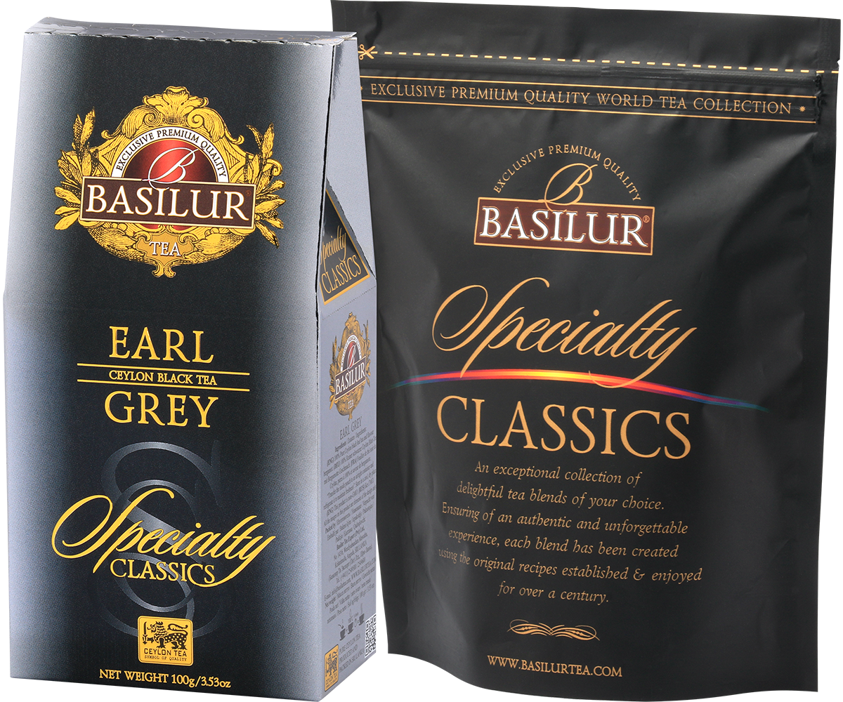 Zestaw Basilur Earl Grey – pudełko i torebka z czarnej herbaty cejlońskiej.