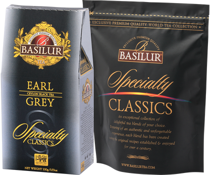 Zestaw Basilur Earl Grey – pudełko i torebka z czarnej herbaty cejlońskiej.