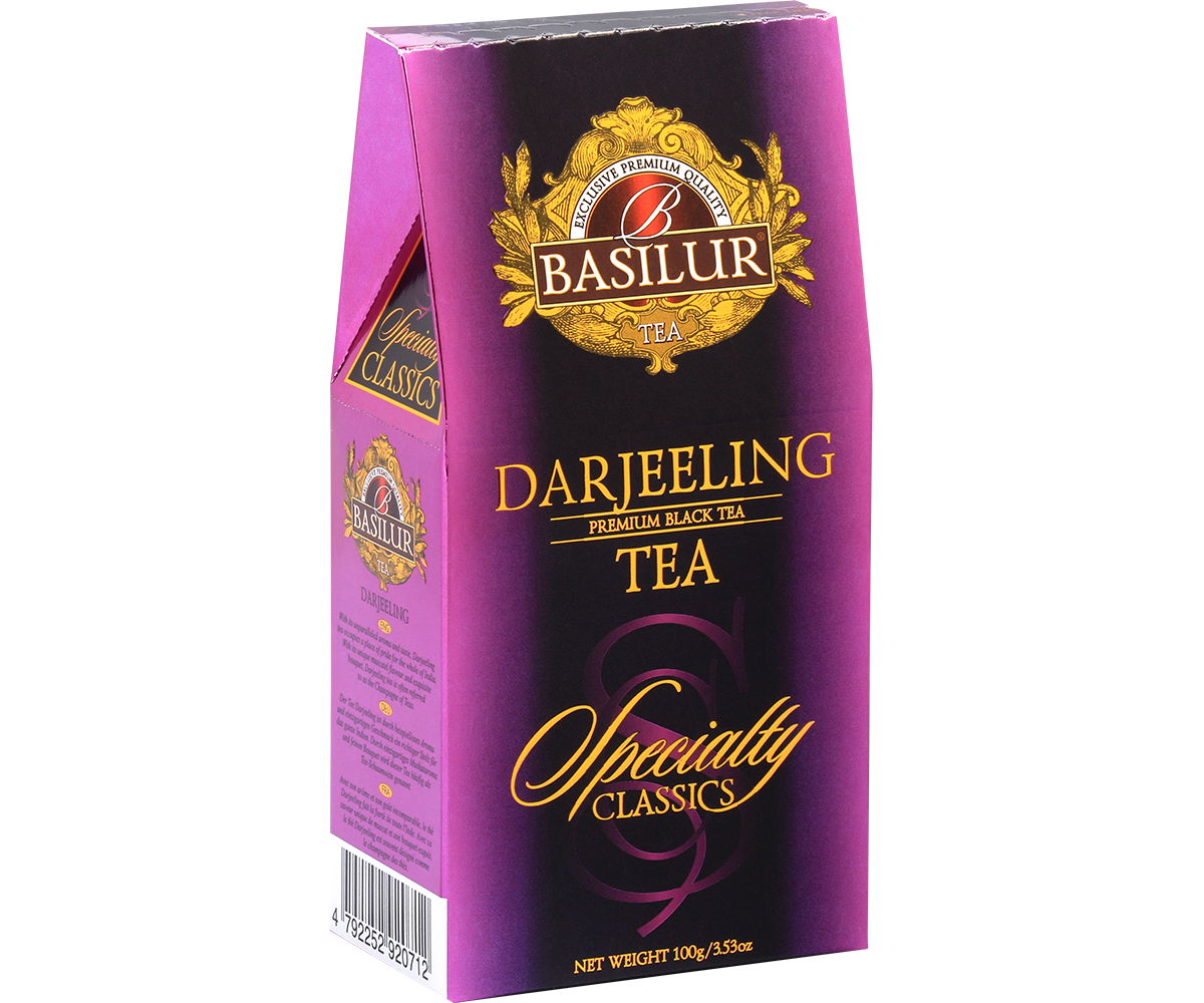 Bok opakowania Basilur Darjeeling z opisem i kodem kreskowym.