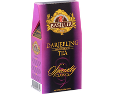 Bok opakowania Basilur Darjeeling z opisem i kodem kreskowym.