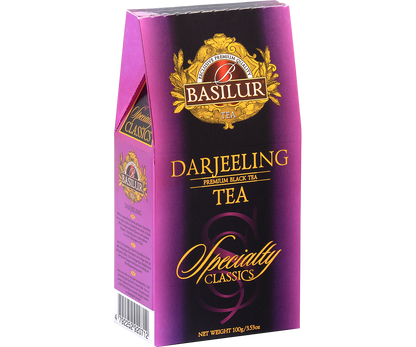 Bok opakowania Basilur Darjeeling z opisem i kodem kreskowym.