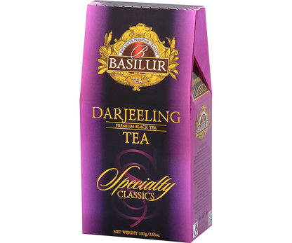 Opakowanie herbaty Basilur Darjeeling z kolekcji Specialty Classics, czarna herbata premium.