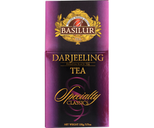 Przód opakowania Basilur Darjeeling w fioletowo-złotej tonacji.