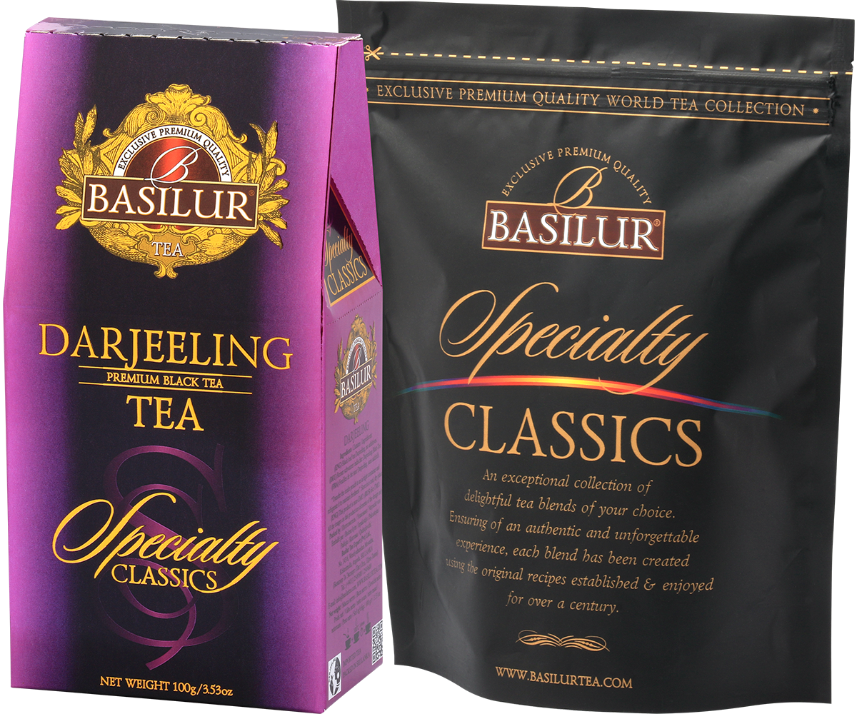 Zestaw Basilur Darjeeling – eleganckie pudełko i woreczek z herbatą cejlońską.