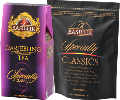 Zestaw Basilur Darjeeling – eleganckie pudełko i woreczek z herbatą cejlońską.