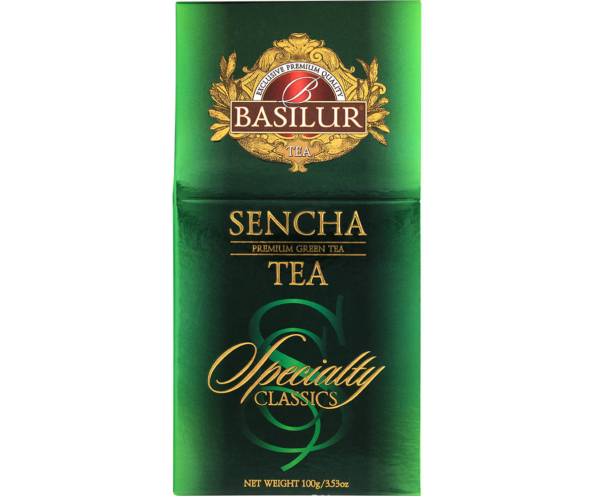 Przód opakowania Basilur Sencha z logo i złotymi napisami.