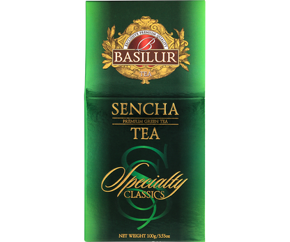 Przód opakowania Basilur Sencha z logo i złotymi napisami.