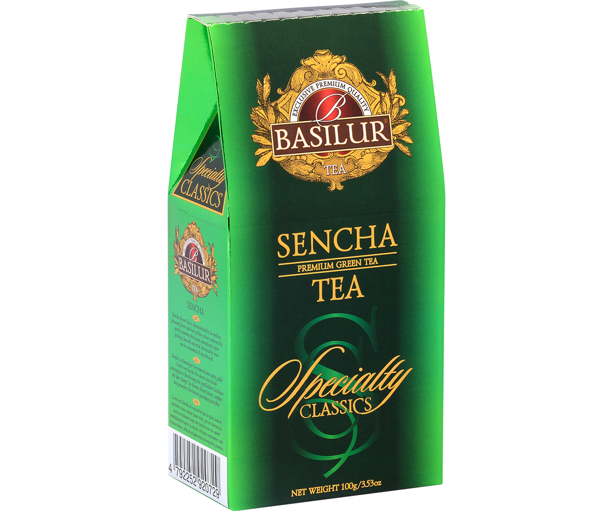 Bok pudełka zielonej herbaty Basilur Sencha z kolekcji Specialty Classics.