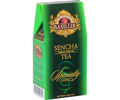 Bok pudełka zielonej herbaty Basilur Sencha z kolekcji Specialty Classics.