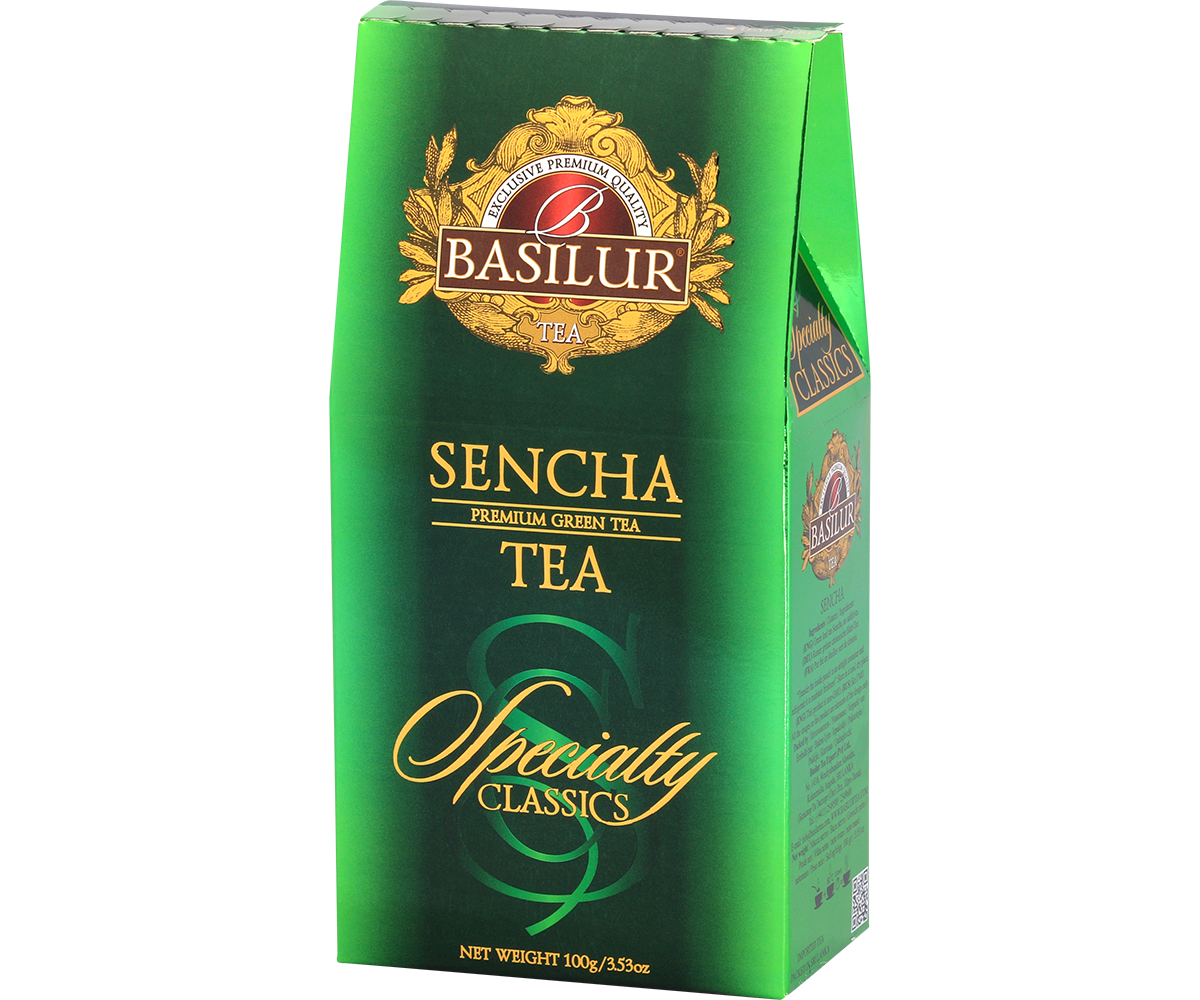 Zielona herbata Basilur Sencha w eleganckim zielonym opakowaniu.
