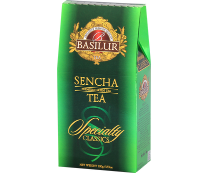 Zielona herbata Basilur Sencha w eleganckim zielonym opakowaniu.