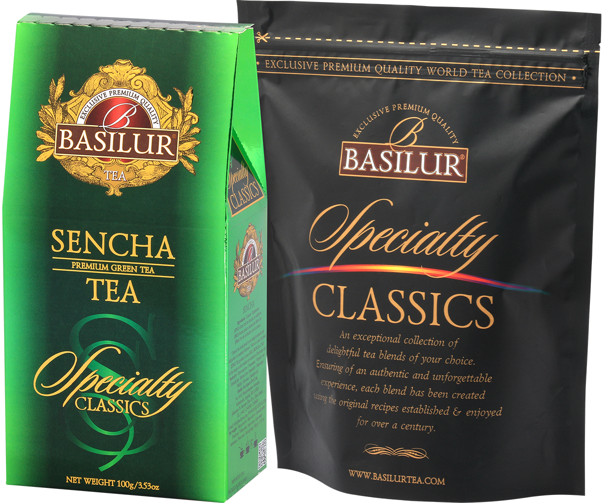 Herbata Basilur Sencha – kartonik i torebka foliowa z kolekcji Specialty Classics.