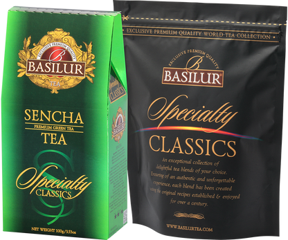 Herbata Basilur Sencha – kartonik i torebka foliowa z kolekcji Specialty Classics.