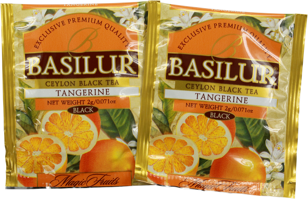 Koperty herbaty Basilur Tangerine z owocowym aromatem mandarynki.