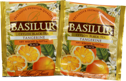 Koperty herbaty Basilur Tangerine z owocowym aromatem mandarynki.