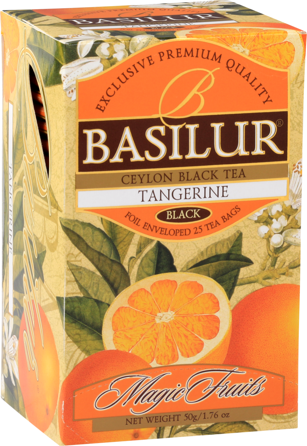 Czarna herbata Basilur Tangerine w ozdobnym pudełku z motywem mandarynki.