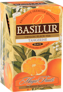 Czarna herbata Basilur Tangerine w ozdobnym pudełku z motywem mandarynki.