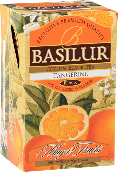 Czarna herbata Basilur Tangerine w ozdobnym pudełku z motywem mandarynki.