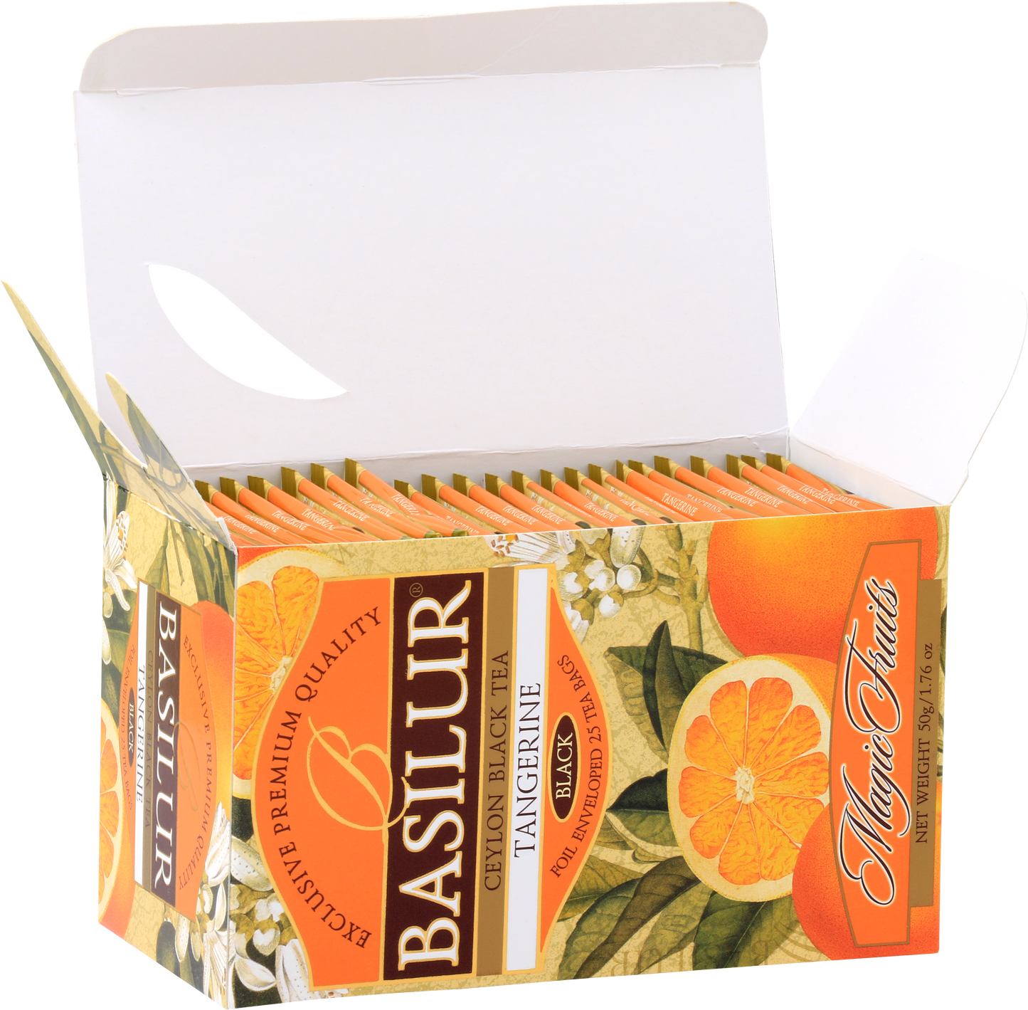 Otwarty kartonik Basilur Tangerine z 25 torebkami czarnej herbaty.