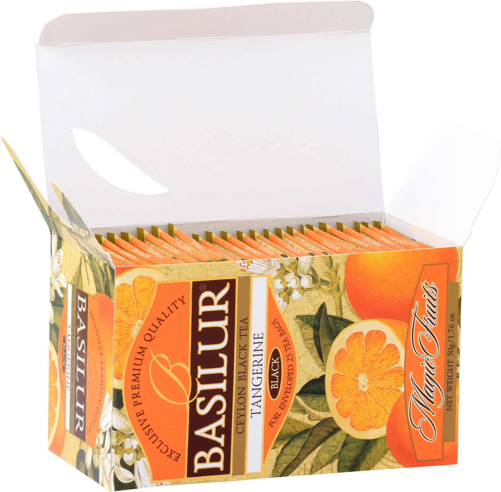 Otwarty kartonik Basilur Tangerine z 25 torebkami czarnej herbaty.