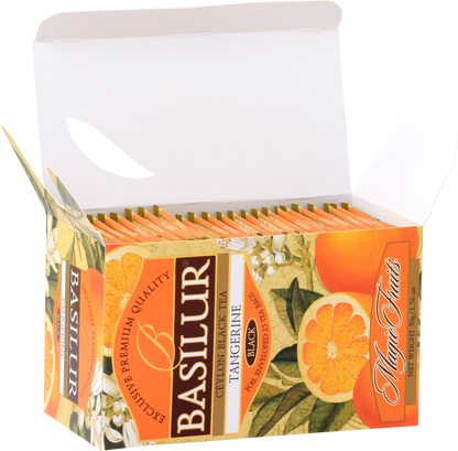 Otwarty kartonik Basilur Tangerine z 25 torebkami czarnej herbaty.