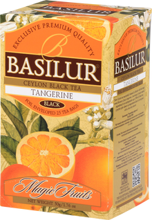 Bok opakowania Basilur Tangerine z ilustracją soczystych owoców.