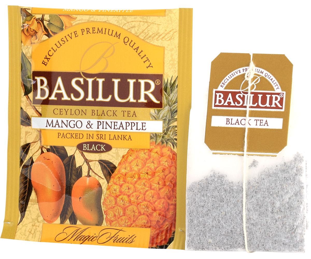 Torebka i koperta herbaty Basilur Mango & Pineapple z serii Magic Fruits.