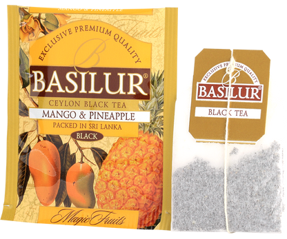 Torebka i koperta herbaty Basilur Mango & Pineapple z serii Magic Fruits.