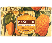 Puszka Basilur Mango & Pineapple – eleganckie opakowanie z motywem owoców mango i ananasa.