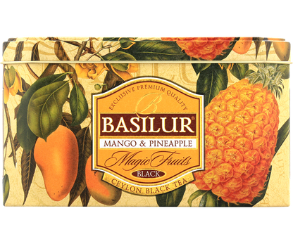 Puszka Basilur Mango & Pineapple – eleganckie opakowanie z motywem owoców mango i ananasa.