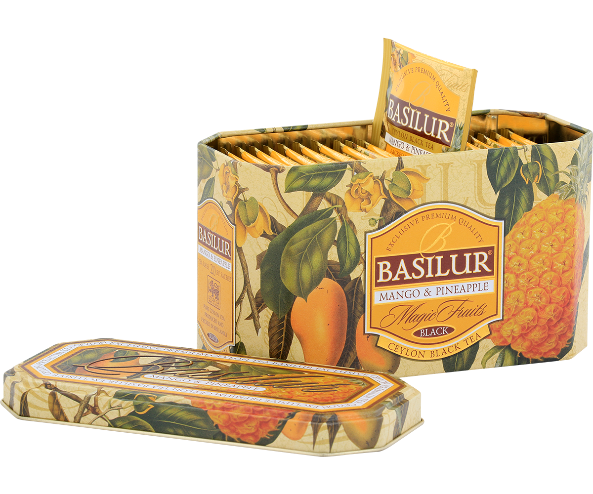 Otwarta puszka Basilur Mango & Pineapple z 20 kopertami herbaty.