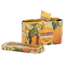 Otwarta puszka Basilur Mango & Pineapple z 20 kopertami herbaty.