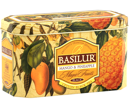 Herbata Basilur Mango & Pineapple – luksusowa czarna herbata w ozdobnej puszce.